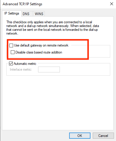 Disable default gateway on remote network